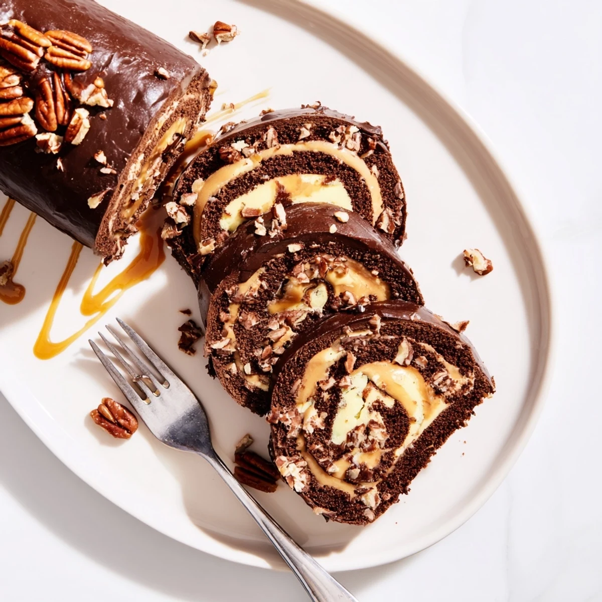 Rich chocolate turtle cake roll drizzled with glossy caramel ganache on a rustic platter