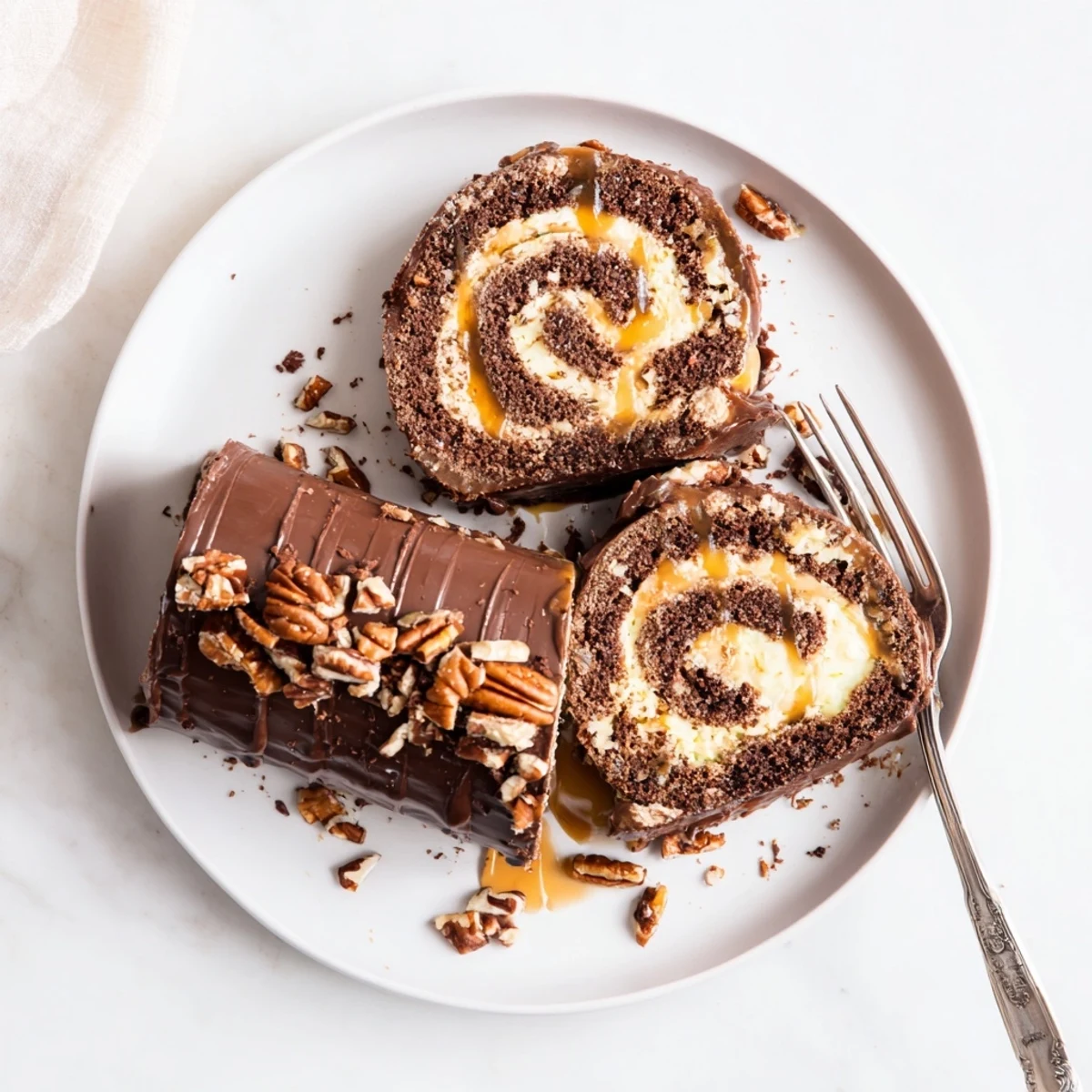 Decadent chocolate caramel turtle cake roll sliced to reveal a gooey pecan-studded filling