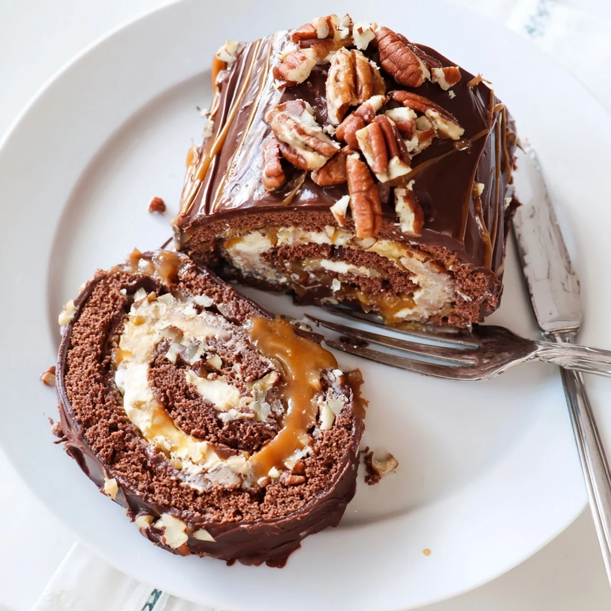 Moist chocolate caramel turtle cake roll topped with toasted pecans and velvety ganache drizzle