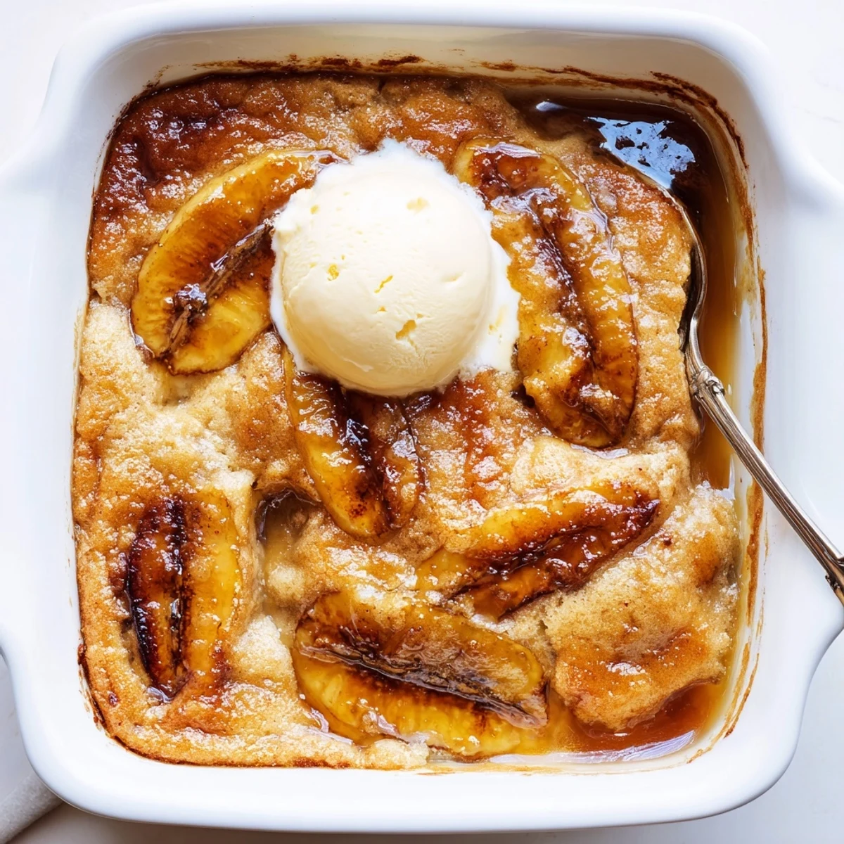 Golden Southern banana cobbler with caramelized banana filling bubbling under a buttery crust