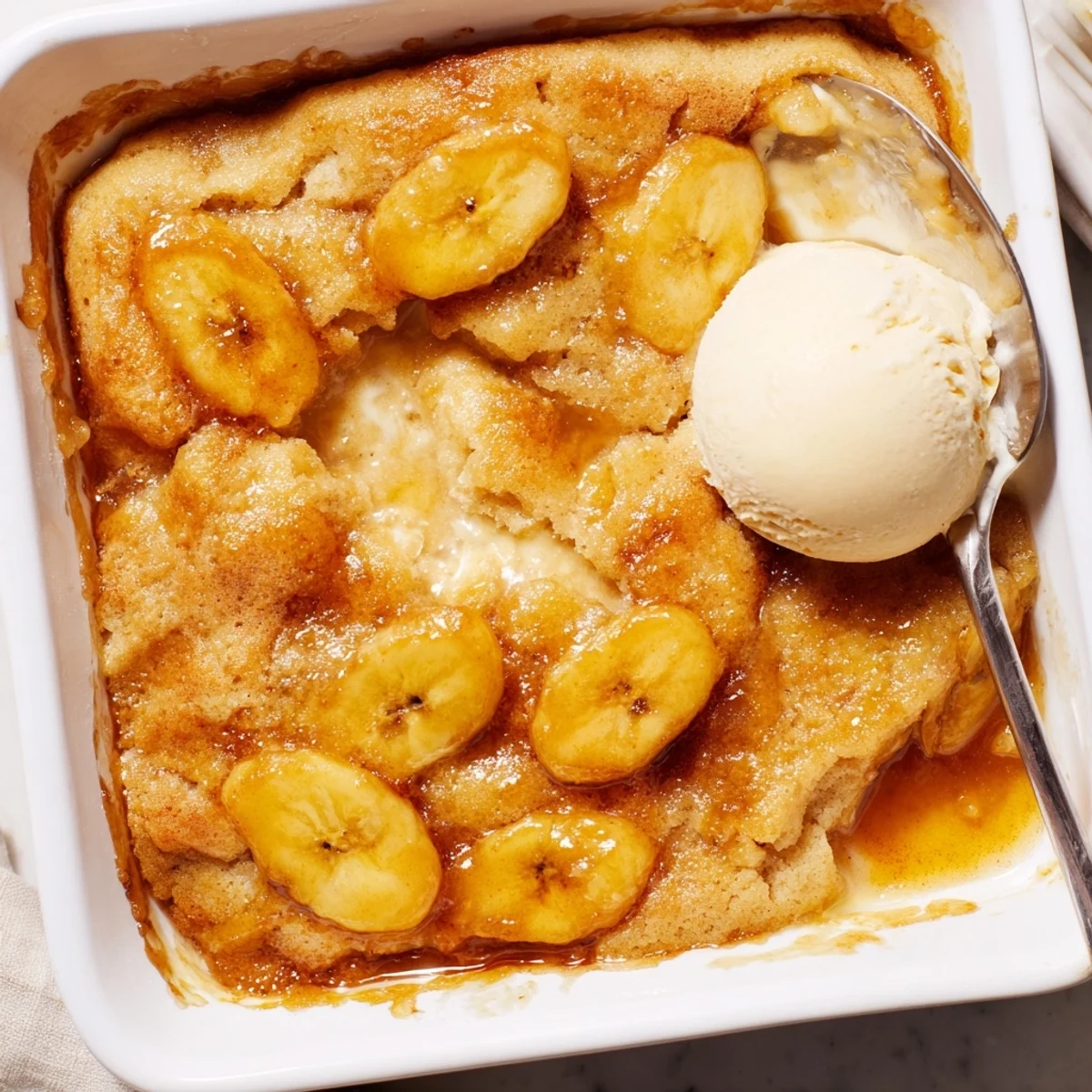 Warm Southern banana cobbler served in a rustic dish topped with vanilla ice cream