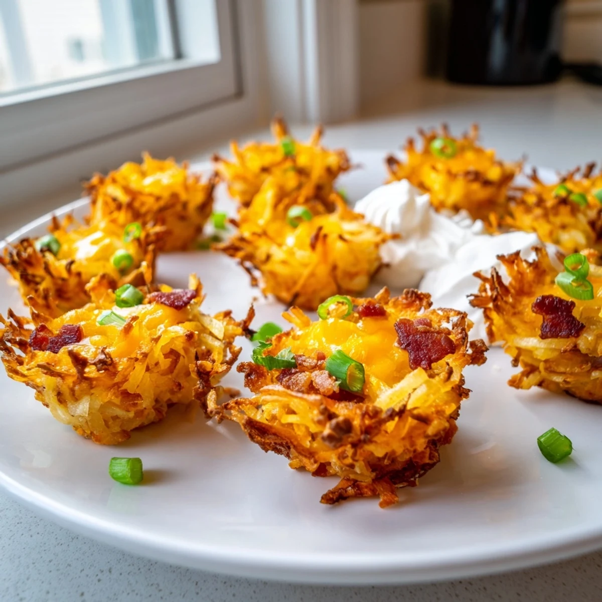 Serving plate of warm cheesy loaded hashbrown bites garnished with bacon and sour cream