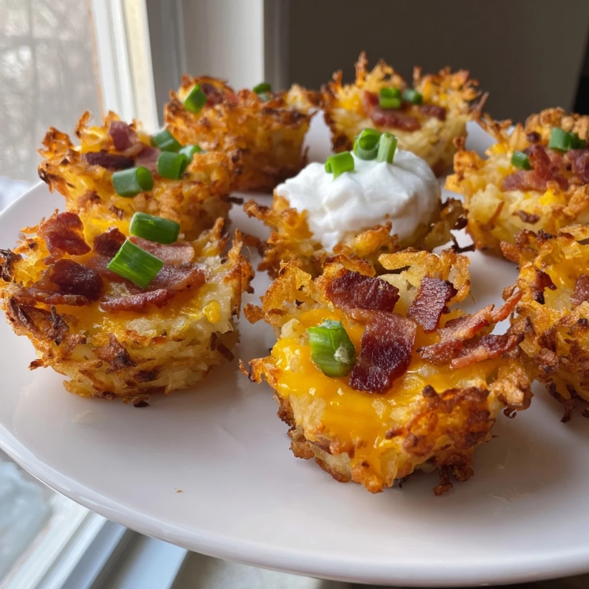 Bite-sized cheesy loaded hashbrown cups oozing melted cheddar and topped with green onions