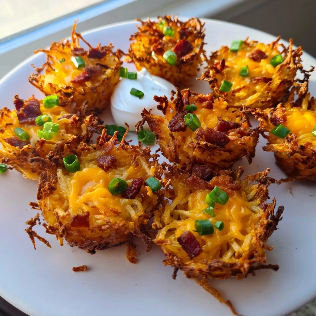 Golden crispy cheesy loaded hashbrown bites fresh from the oven on a platter