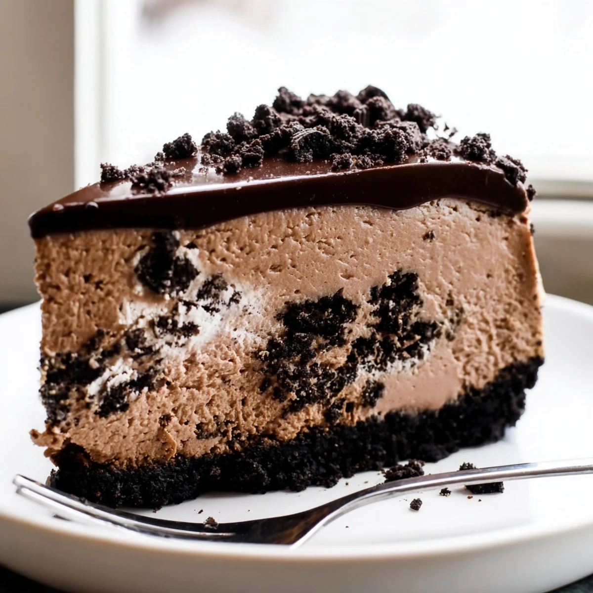 A rich Oreo chocolate cheesecake slice topped with glossy ganache and crushed cookies