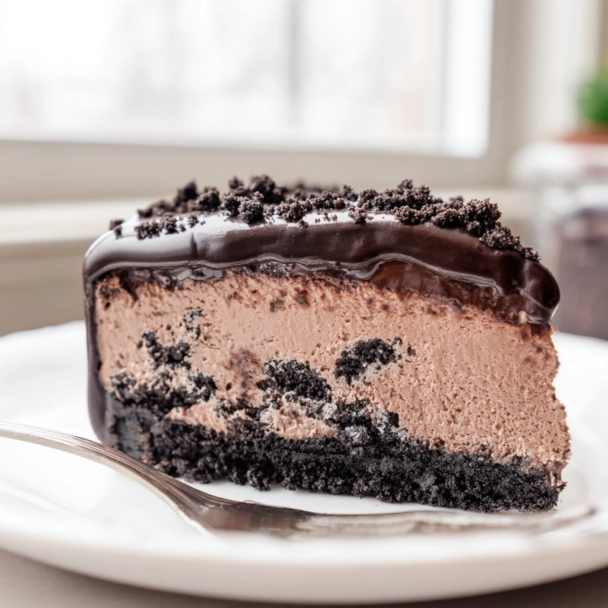 Decadent Oreo chocolate cheesecake served on a plate with velvety ganache dripping down