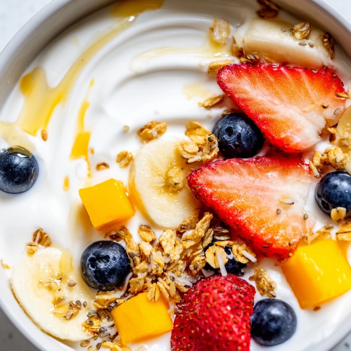 Creamy yogurt fruit bowl topped with fresh strawberries, blueberries, and crunchy granola