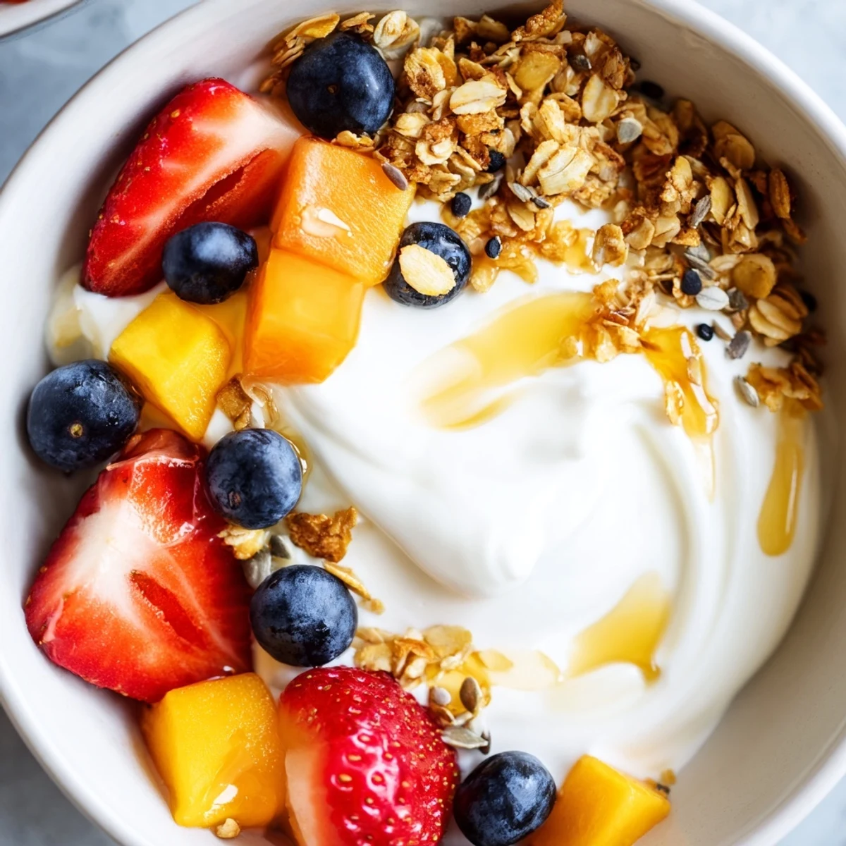 Vibrant yogurt fruit bowl featuring ripe mango, banana slices, and a honey drizzle