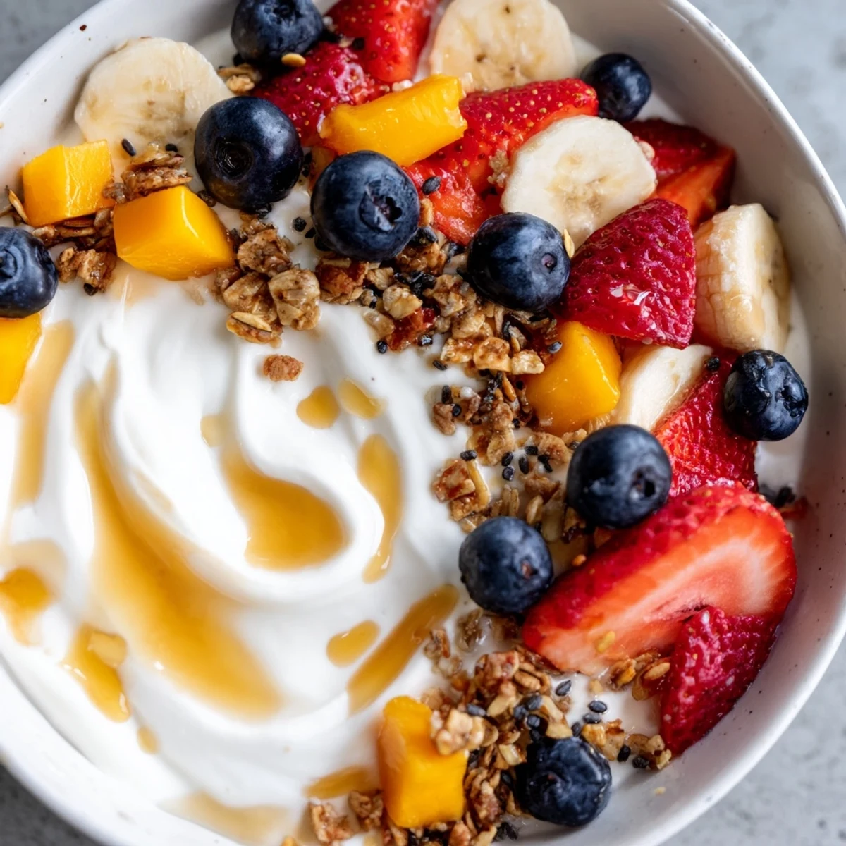 Thick Greek yogurt fruit bowl garnished with chia seeds and colorful mixed berries