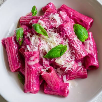 Brightly colored Pink Pasta with Beet Cream Sauce glistens under soft kitchen lighting, revealing a rich, creamy texture coating each penne noodle.