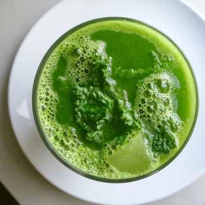 A close-up of a frosty Green Detox Smoothie with Ginger, highlighting the creamy texture and fresh spinach inside.  