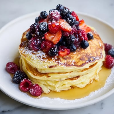 A close-up of tender Lemon Ricotta Pancakes with Berries, topped with a vibrant mix of fresh strawberries and blueberries.