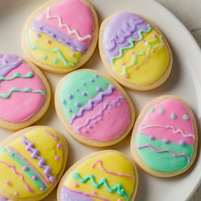 Close-up view of decorated Easter Egg Sugar Cookies with smooth royal icing, perfect for spring celebrations and family baking fun.  