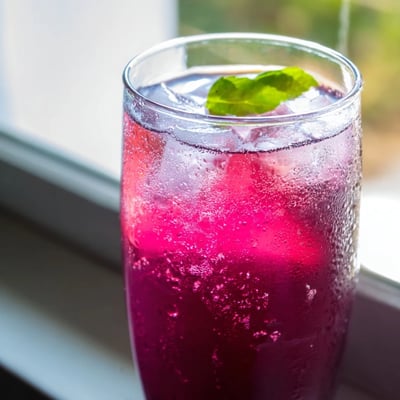 Vibrant purple grape agua fresca garnished with fresh mint and lime wedges