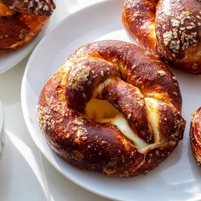 Warm mozzarella stuffed soft pretzels brushed with butter and sprinkled with coarse salt