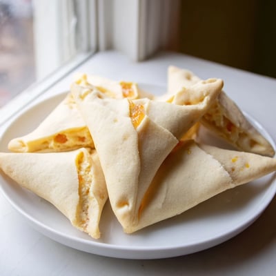 Creamsicle hamentaschen cookies shaped into triangles dusted with powdered sugar and zest
