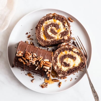 Decadent chocolate caramel turtle cake roll sliced to reveal a gooey pecan-studded filling