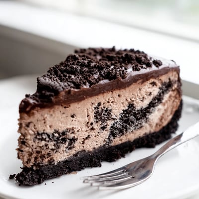 Creamy Oreo chocolate cheesecake with a dark cookie crust drizzled in smooth chocolate